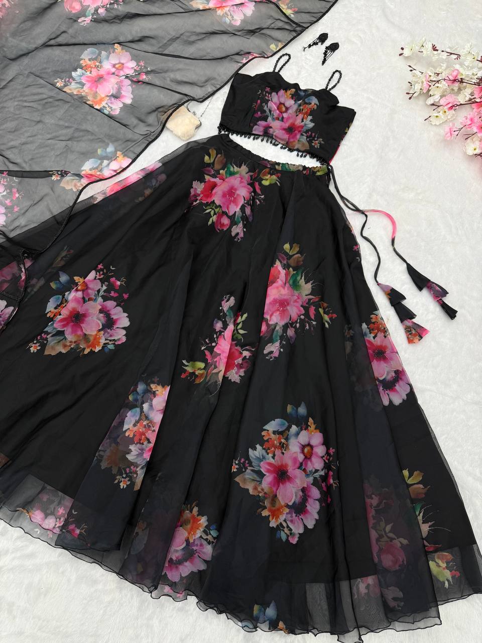 Black Floral Printed Organza Silk Lehenga Set with Handwork Blouse & Dupatta ClothsVilla
