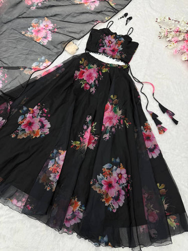 Black Floral Printed Organza Silk Lehenga Set with Handwork Blouse & Dupatta ClothsVilla