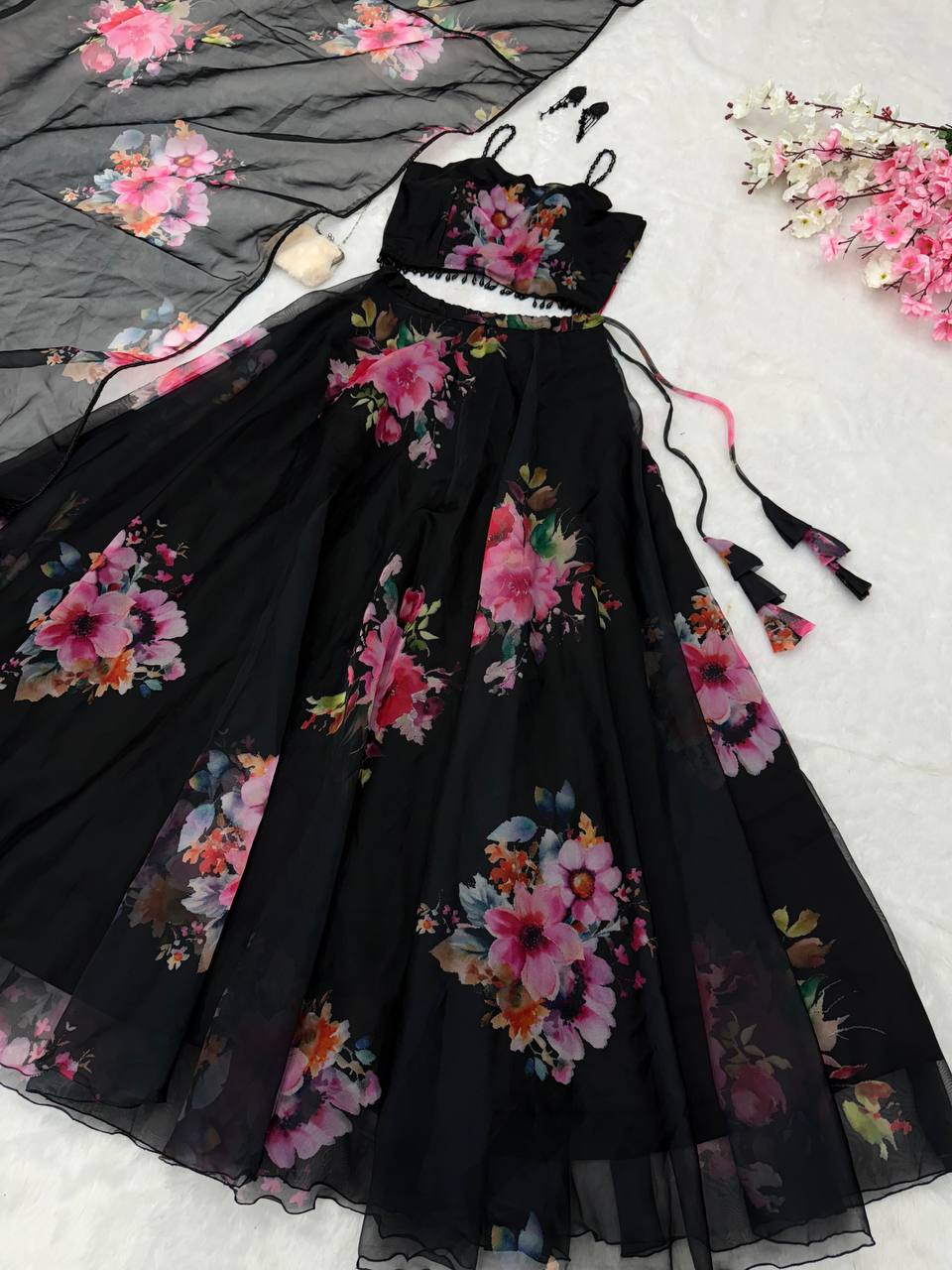 Black Floral Printed Organza Silk Lehenga Set with Handwork Blouse & Dupatta ClothsVilla