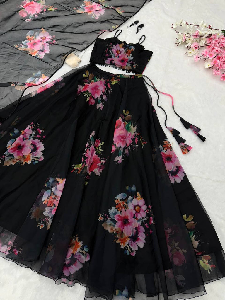 Black Floral Printed Organza Silk Lehenga Set with Handwork Blouse & Dupatta ClothsVilla
