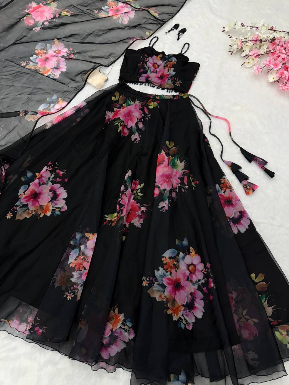 Black Floral Printed Organza Silk Lehenga Set with Handwork Blouse & Dupatta ClothsVilla