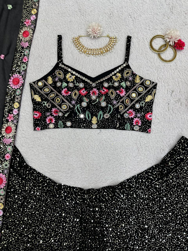 Black Fox Georgette Embroidered Lehenga Set with Sequin Detailing & Four-Side Border Dupatta ClothsVilla