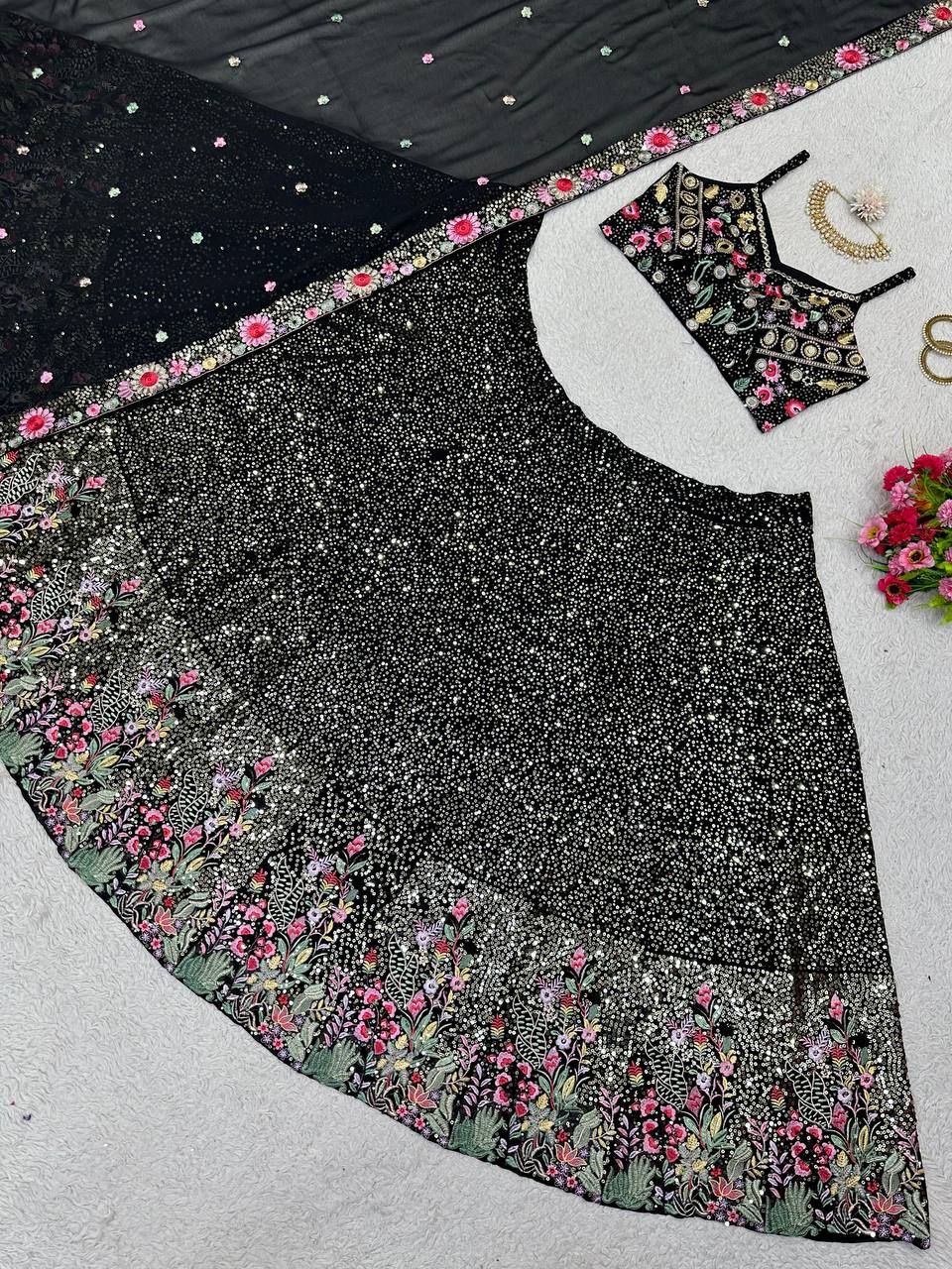 Black Fox Georgette Embroidered Lehenga Set with Sequin Detailing & Four-Side Border Dupatta ClothsVilla