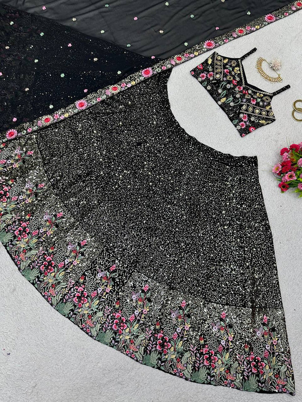 Black Fox Georgette Embroidered Lehenga Set with Sequin Detailing & Four-Side Border Dupatta ClothsVilla