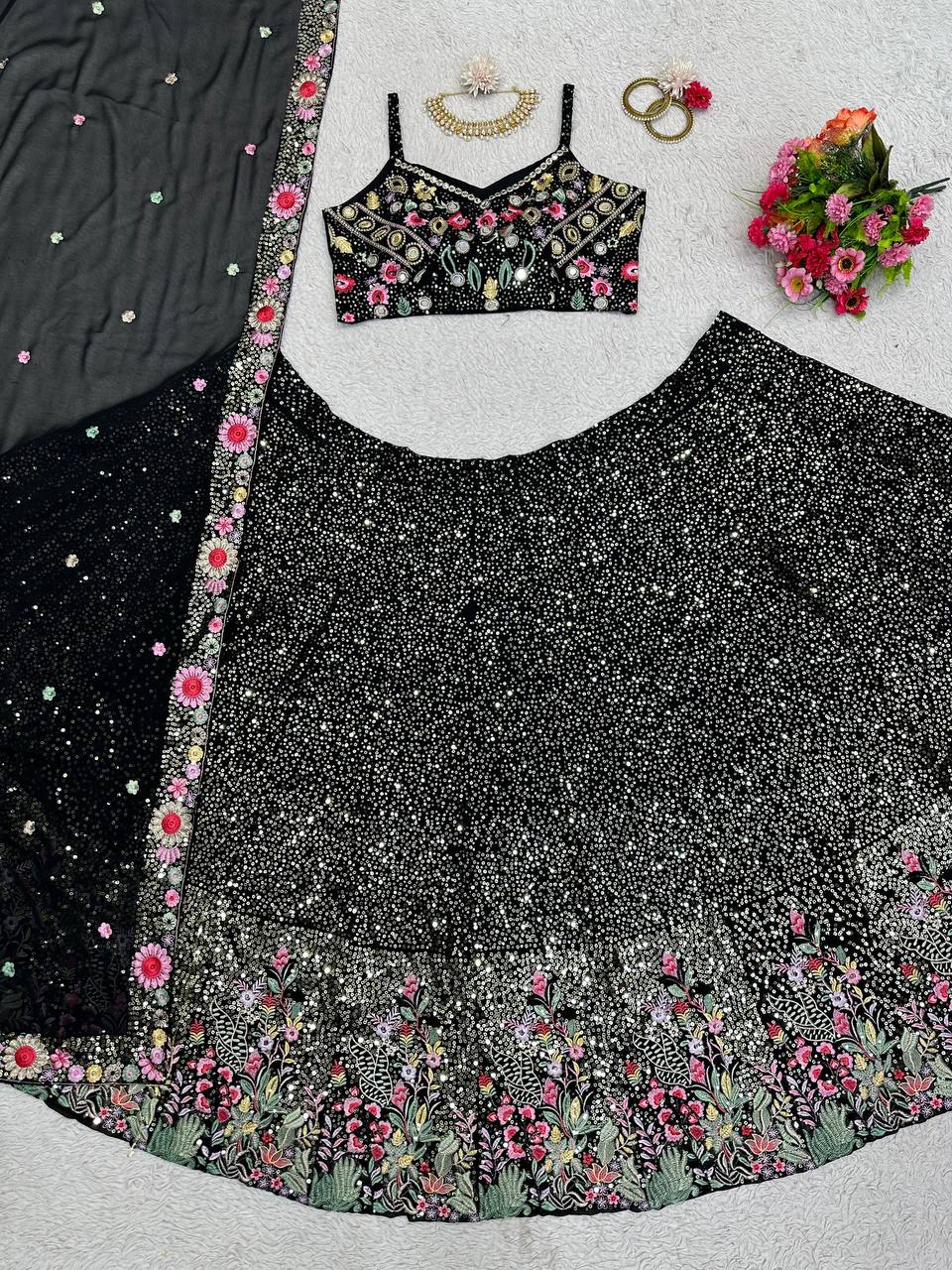 Black Fox Georgette Embroidered Lehenga Set with Sequin Detailing & Four-Side Border Dupatta ClothsVilla