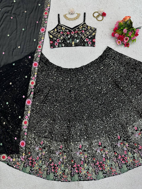 Black Fox Georgette Embroidered Lehenga Set with Sequin Detailing & Four-Side Border Dupatta ClothsVilla