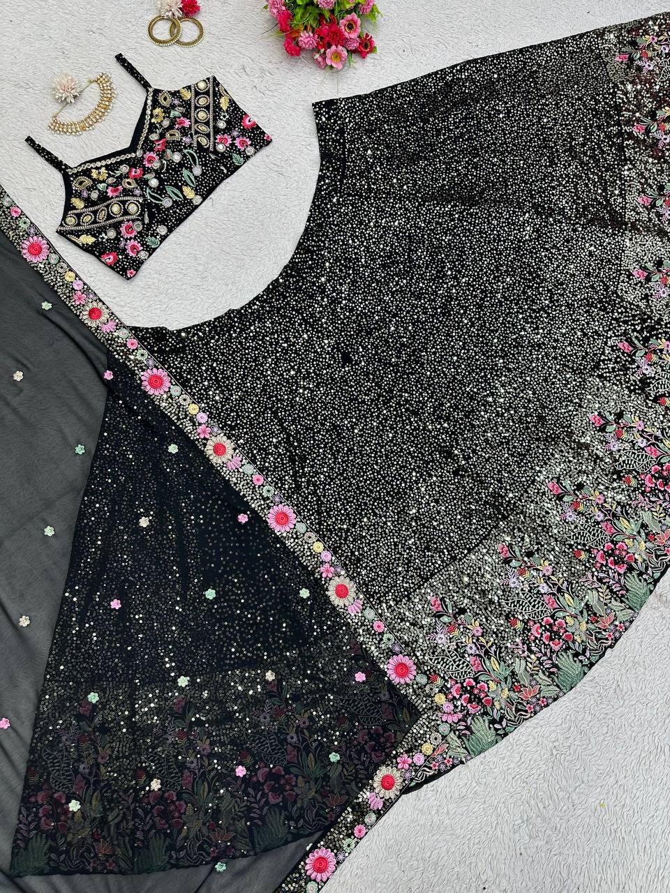 Black Fox Georgette Embroidered Lehenga Set with Sequin Detailing & Four-Side Border Dupatta ClothsVilla