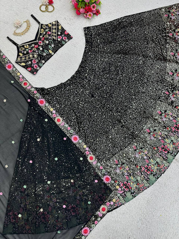 Black Fox Georgette Embroidered Lehenga Set with Sequin Detailing & Four-Side Border Dupatta ClothsVilla