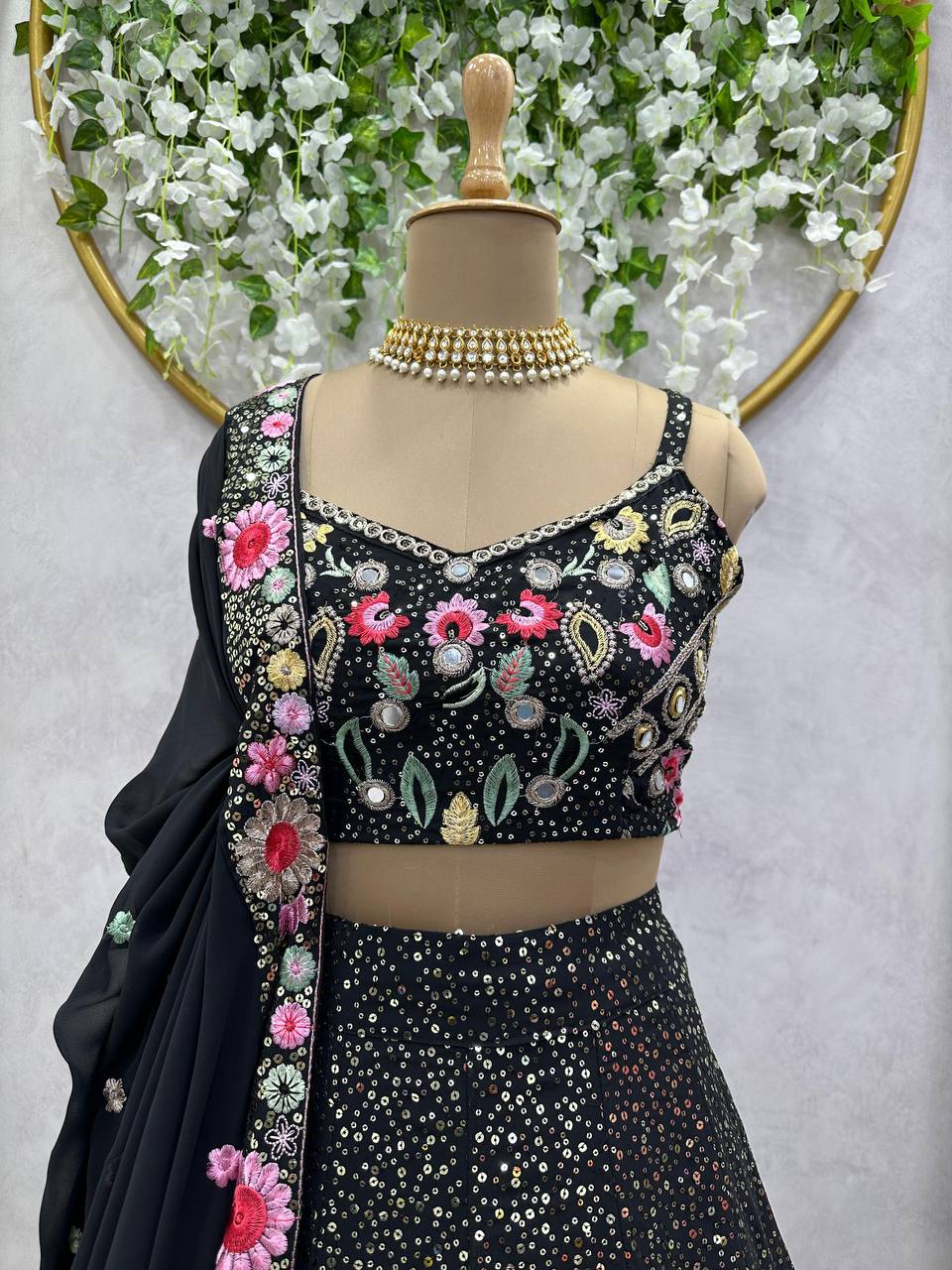 Black Fox Georgette Embroidered Lehenga Set with Sequin Detailing & Four-Side Border Dupatta ClothsVilla