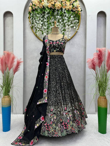 Black Fox Georgette Embroidered Lehenga Set with Sequin Detailing & Four-Side Border Dupatta ClothsVilla