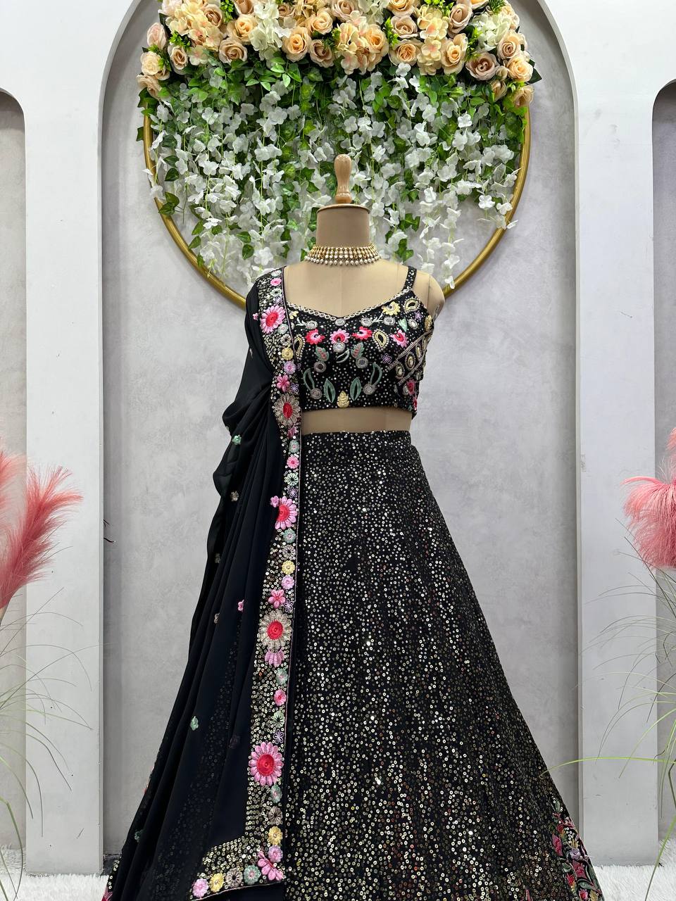 Black Fox Georgette Embroidered Lehenga Set with Sequin Detailing & Four-Side Border Dupatta ClothsVilla