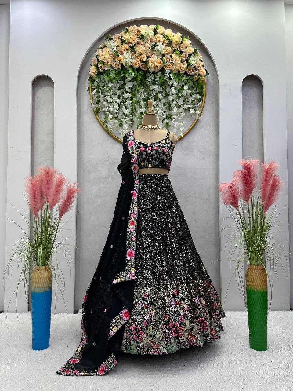 Black Fox Georgette Embroidered Lehenga Set with Sequin Detailing & Four-Side Border Dupatta ClothsVilla