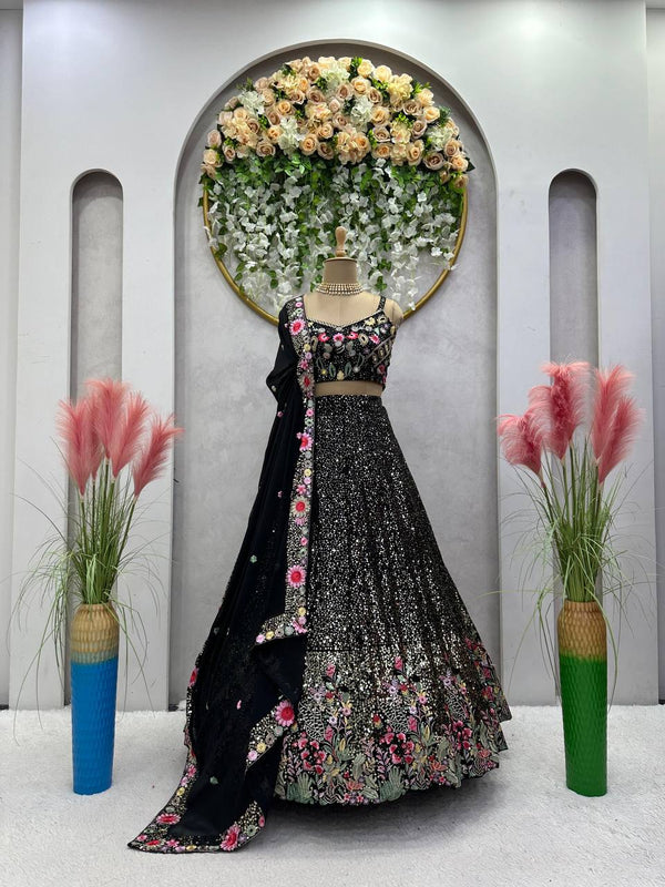 Black Fox Georgette Embroidered Lehenga Set with Sequin Detailing & Four-Side Border Dupatta ClothsVilla