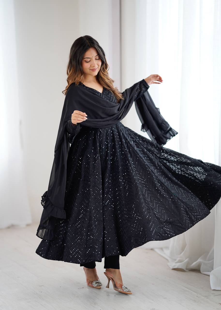 Black Fox Georgette Lucknowi Anarkali Gown Set ClothsVilla