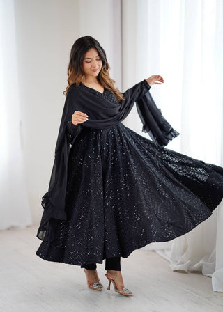 Black Fox Georgette Lucknowi Anarkali Gown Set ClothsVilla