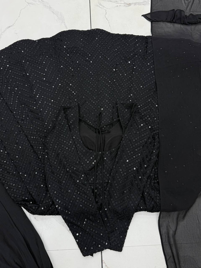 Black Fox Georgette Lucknowi Anarkali Gown Set ClothsVilla