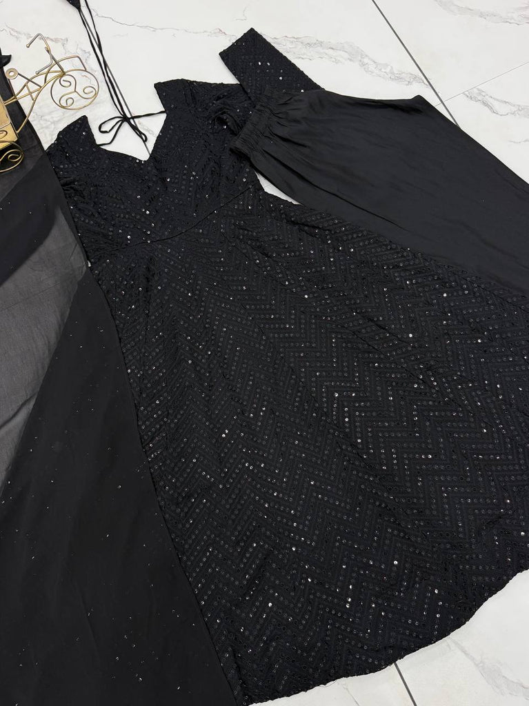 Black Fox Georgette Lucknowi Anarkali Gown Set ClothsVilla