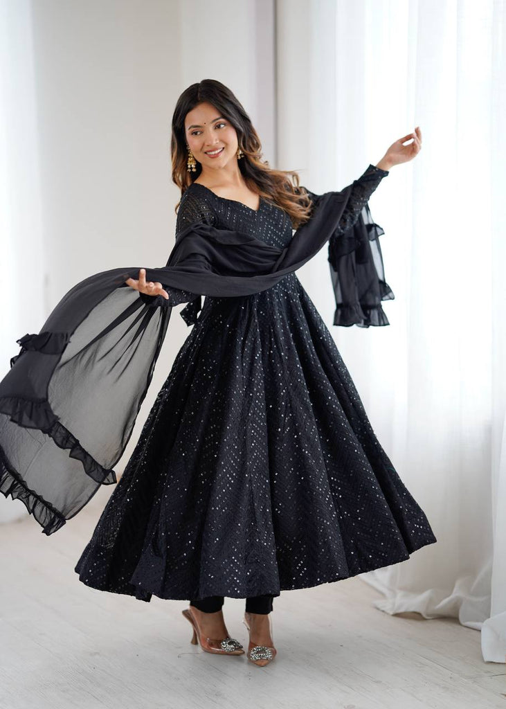 Black Fox Georgette Lucknowi Anarkali Gown Set ClothsVilla