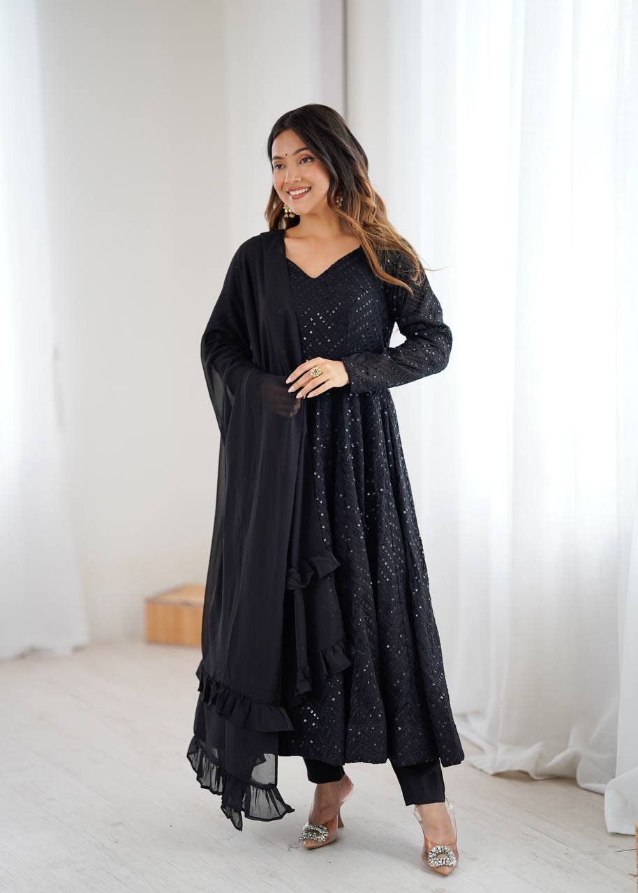 Black Fox Georgette Lucknowi Anarkali Gown Set ClothsVilla