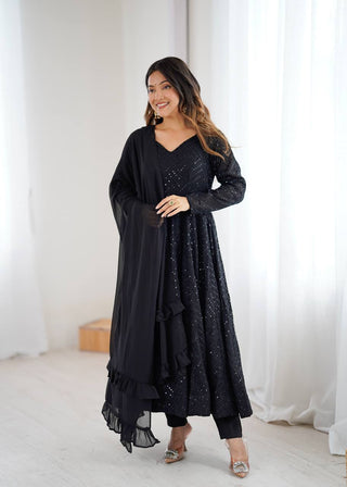 Black Fox Georgette Lucknowi Anarkali Gown Set ClothsVilla