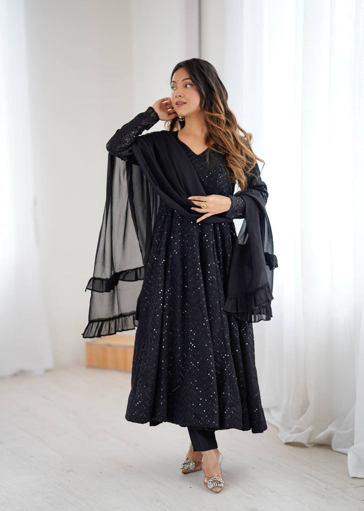 Black Fox Georgette Lucknowi Anarkali Gown Set ClothsVilla