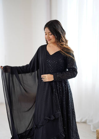 Black Fox Georgette Lucknowi Anarkali Gown Set ClothsVilla