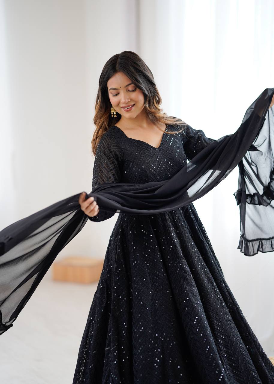 Black Fox Georgette Lucknowi Anarkali Gown Set ClothsVilla