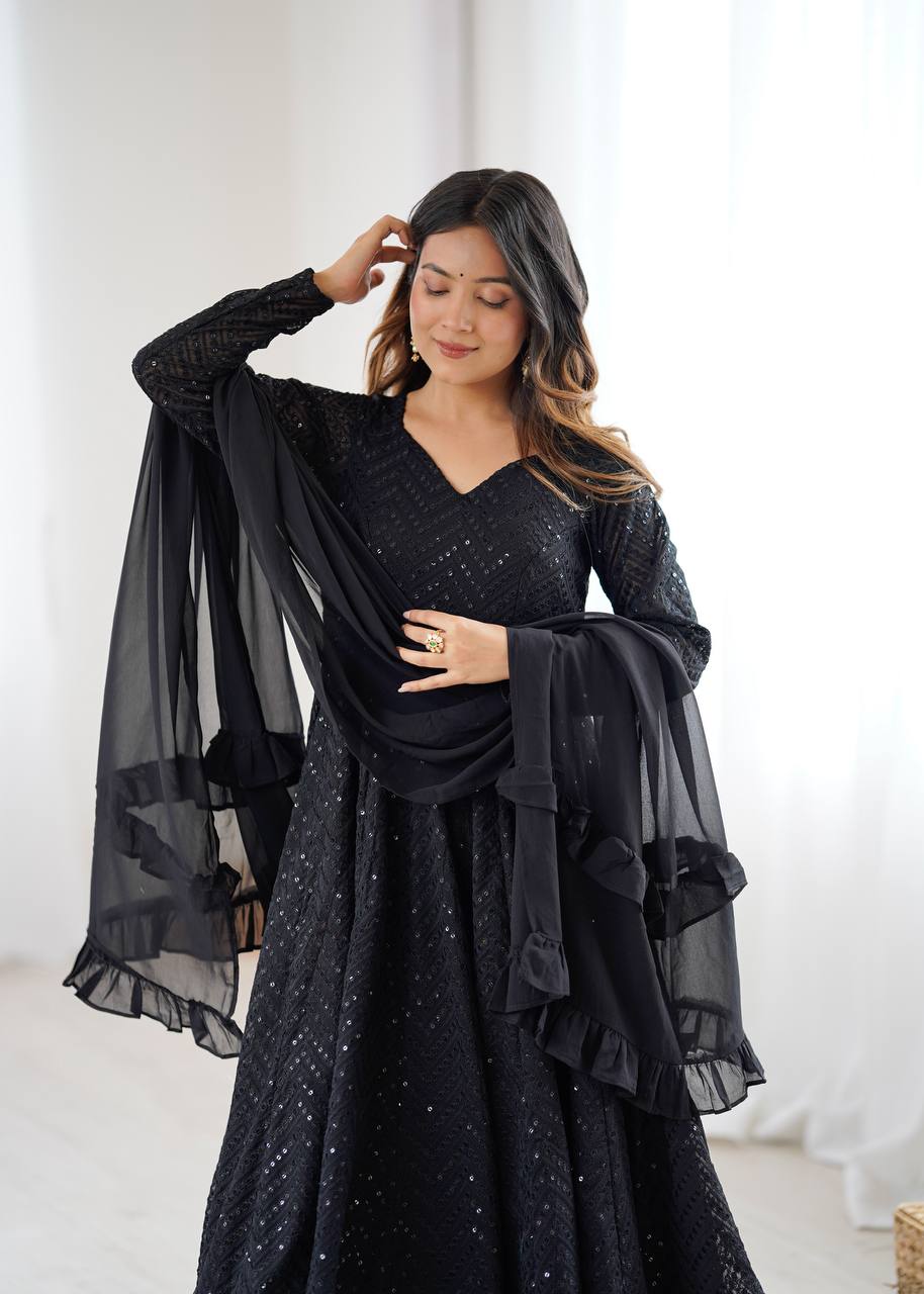 Black Fox Georgette Lucknowi Anarkali Gown Set ClothsVilla