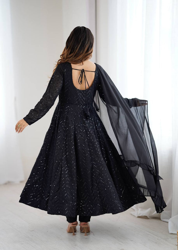 Black Fox Georgette Lucknowi Anarkali Gown Set ClothsVilla