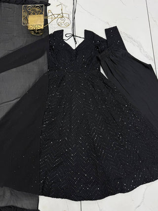 Black Fox Georgette Lucknowi Anarkali Gown Set ClothsVilla