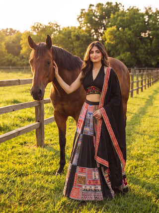 Black French Crepe Printed Lehenga Set ClothsVilla