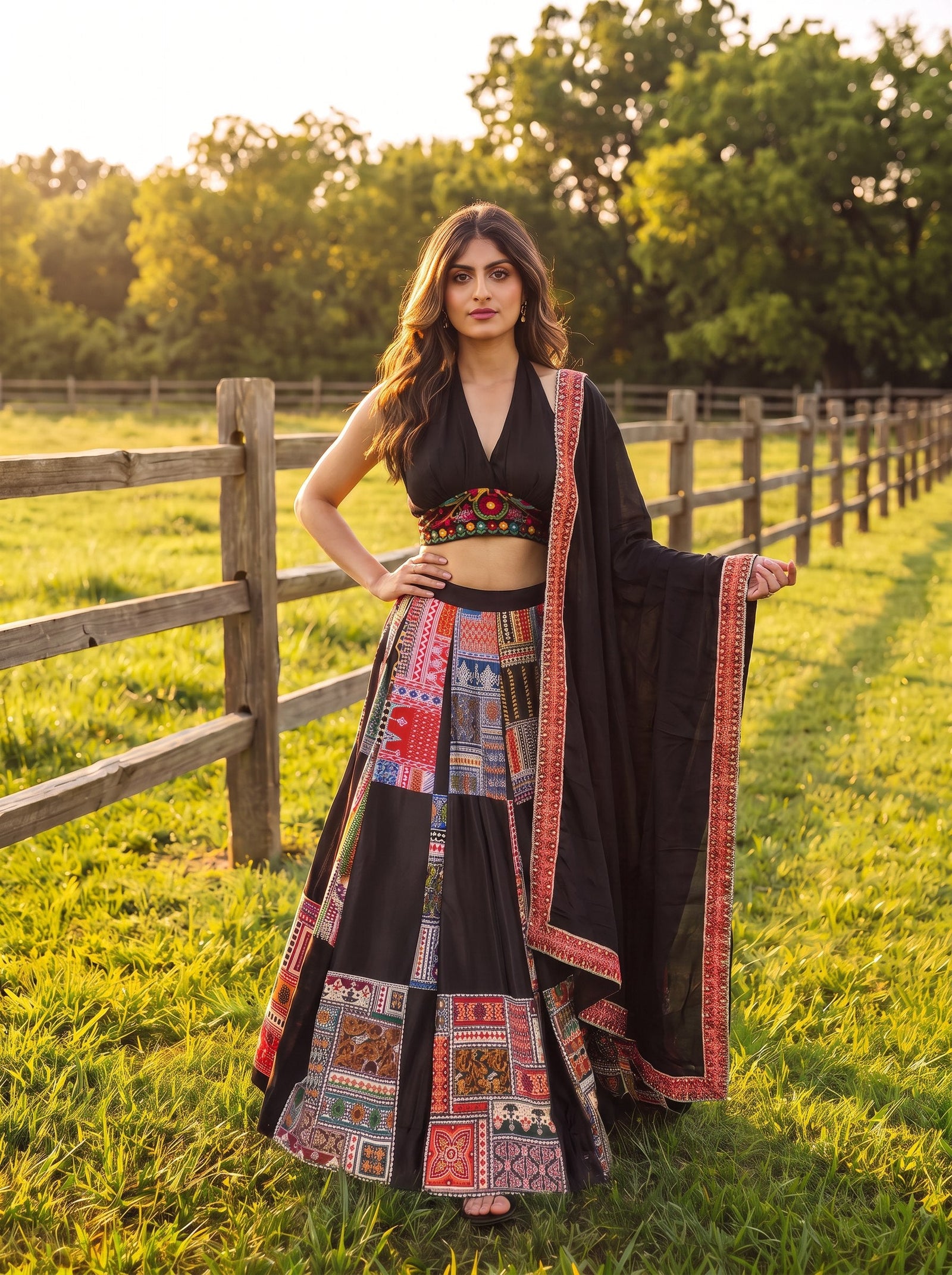 Black French Crepe Printed Lehenga Set ClothsVilla