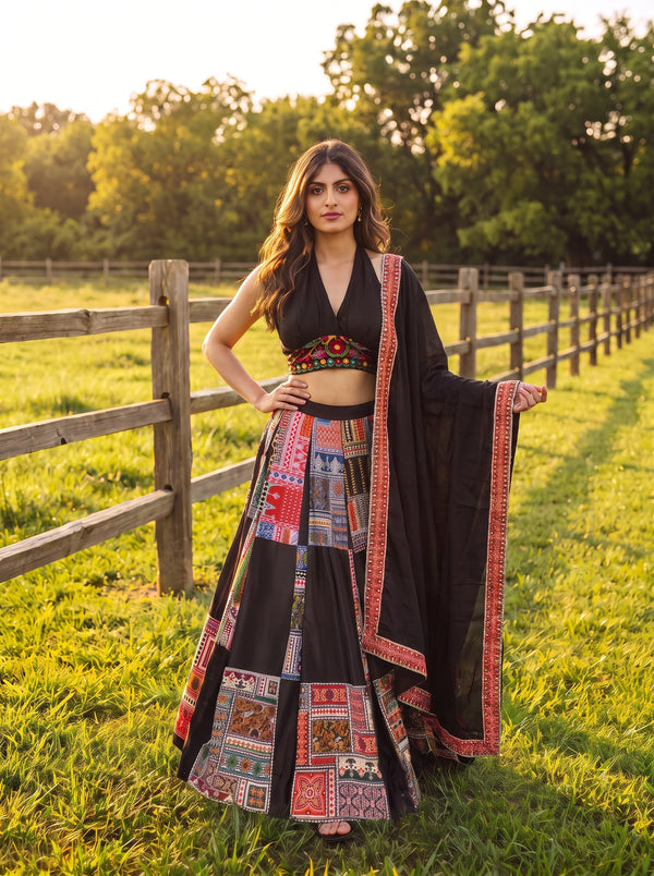 Black French Crepe Printed Lehenga Set ClothsVilla
