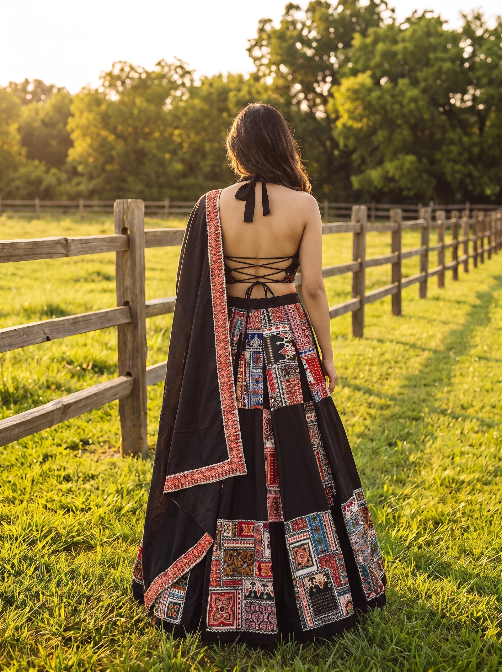 Black French Crepe Printed Lehenga Set ClothsVilla