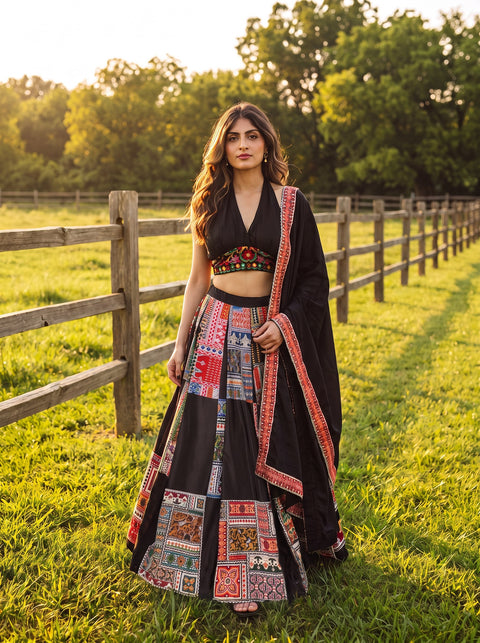 Black French Crepe Printed Lehenga Set ClothsVilla Main image
