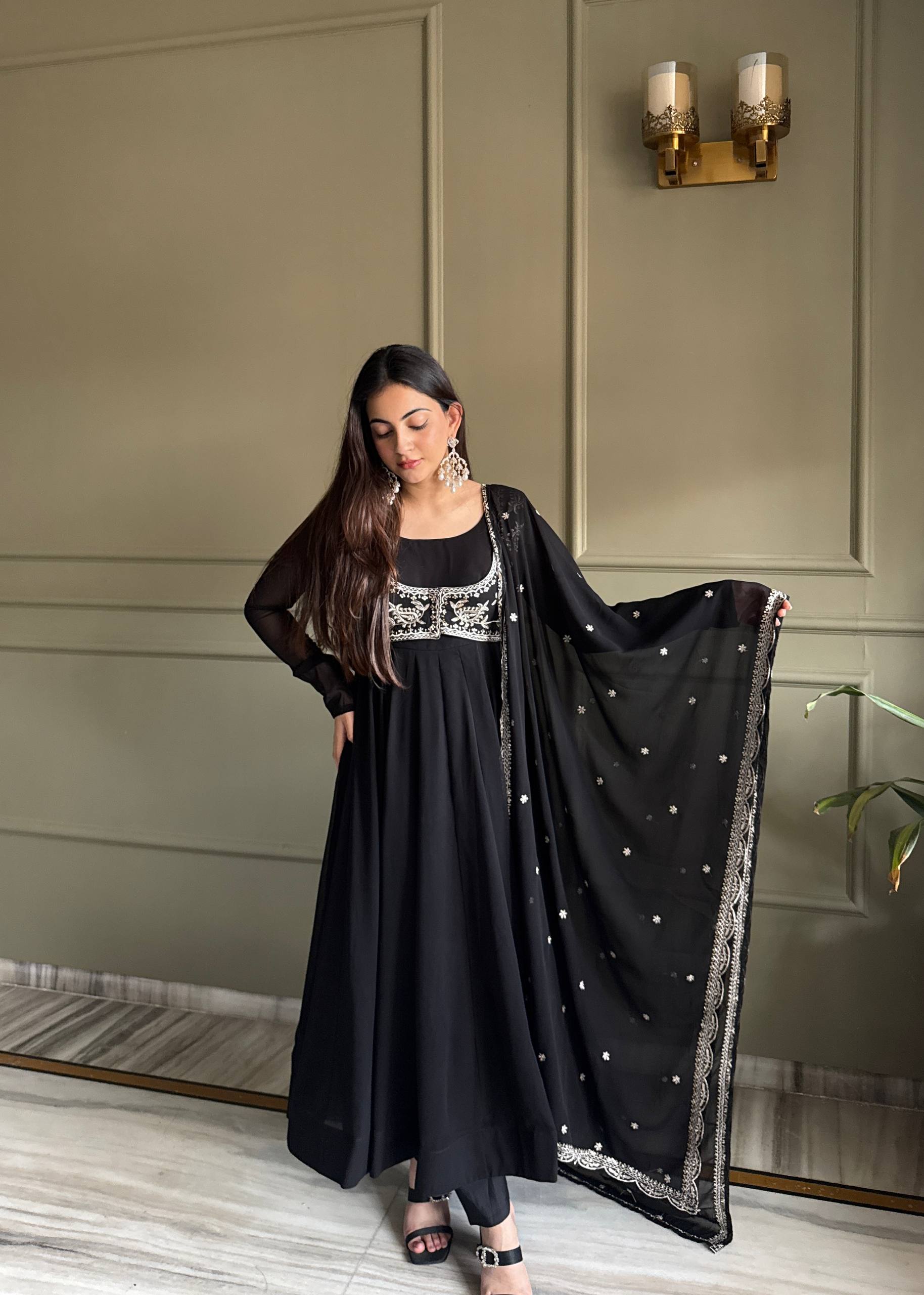 Black Georgette Anarkali Gown with Koti Secondary image
