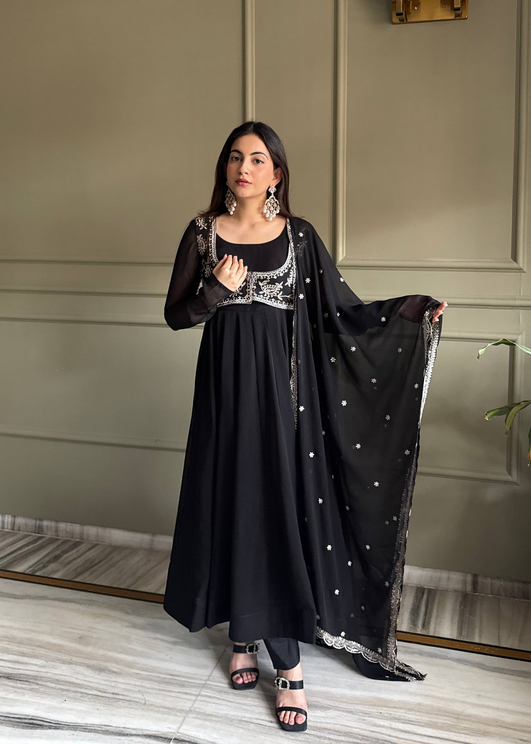 anarkali dress for festival Designer Pista Color Embroidered Anarkali Gown with Pants & Dupatta –  Vastra Shop main image 1
