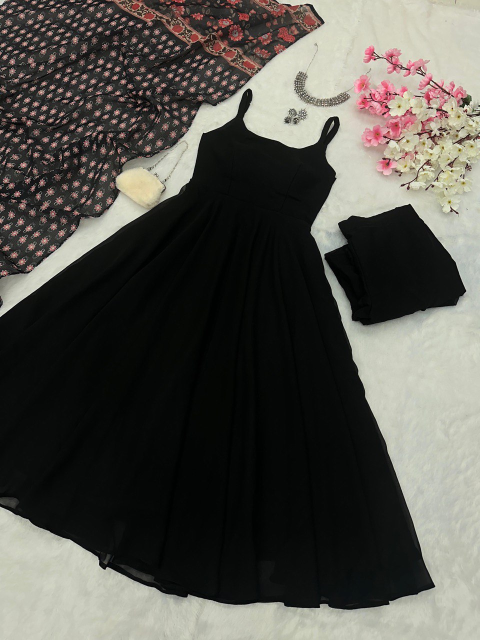 Black Georgette Anarkali Suit with Buttersilk Pant and Digital Printed Cotton Dupatta ClothsVilla Main image