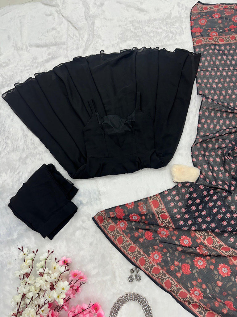 Black Georgette Anarkali Suit with Buttersilk Pant and Digital Printed Cotton Dupatta ClothsVilla