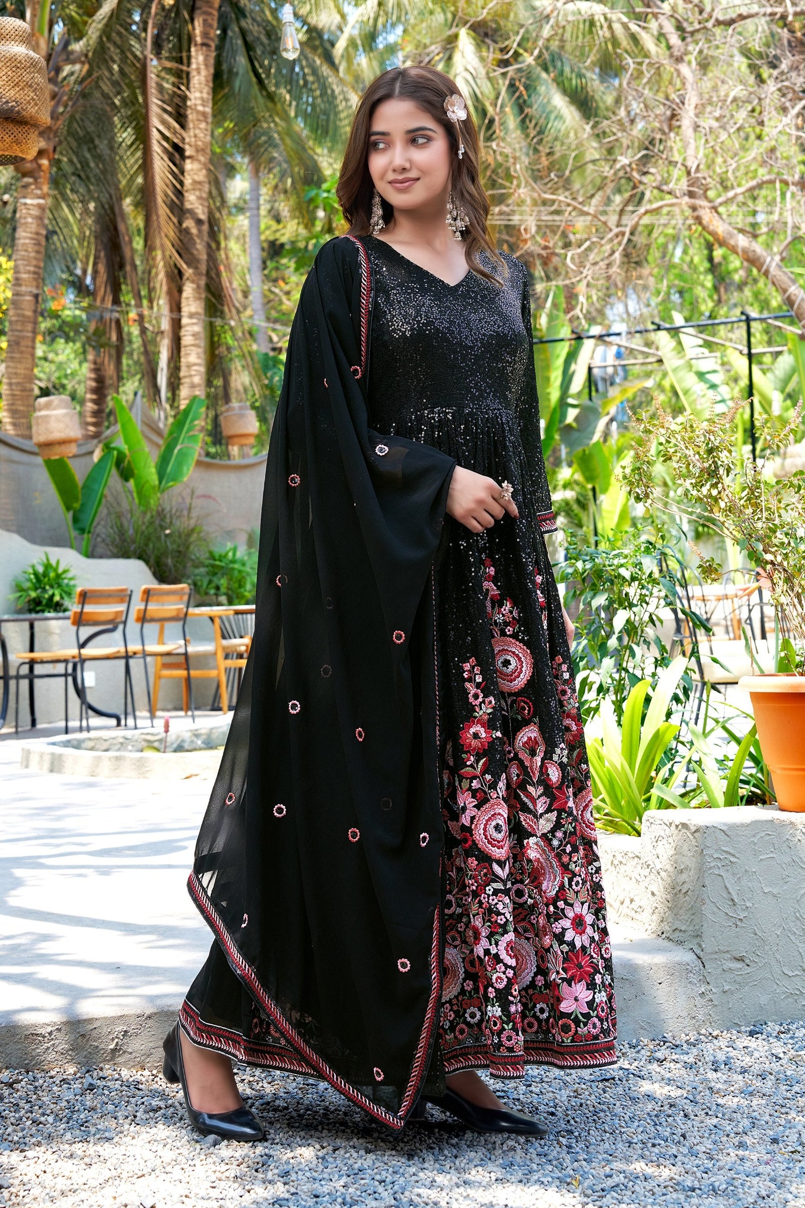 Black Georgette Embroidered Gown ClothsVilla