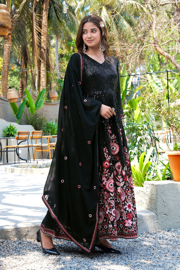 Black Georgette Embroidered Gown ClothsVilla