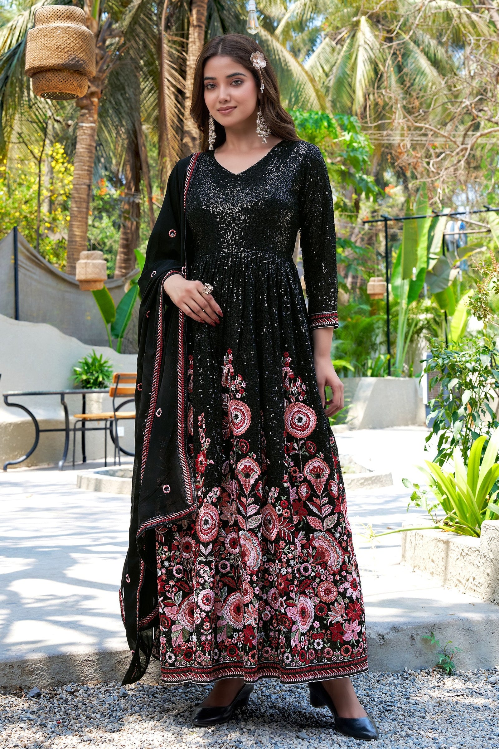 Black Georgette Embroidered Gown ClothsVilla