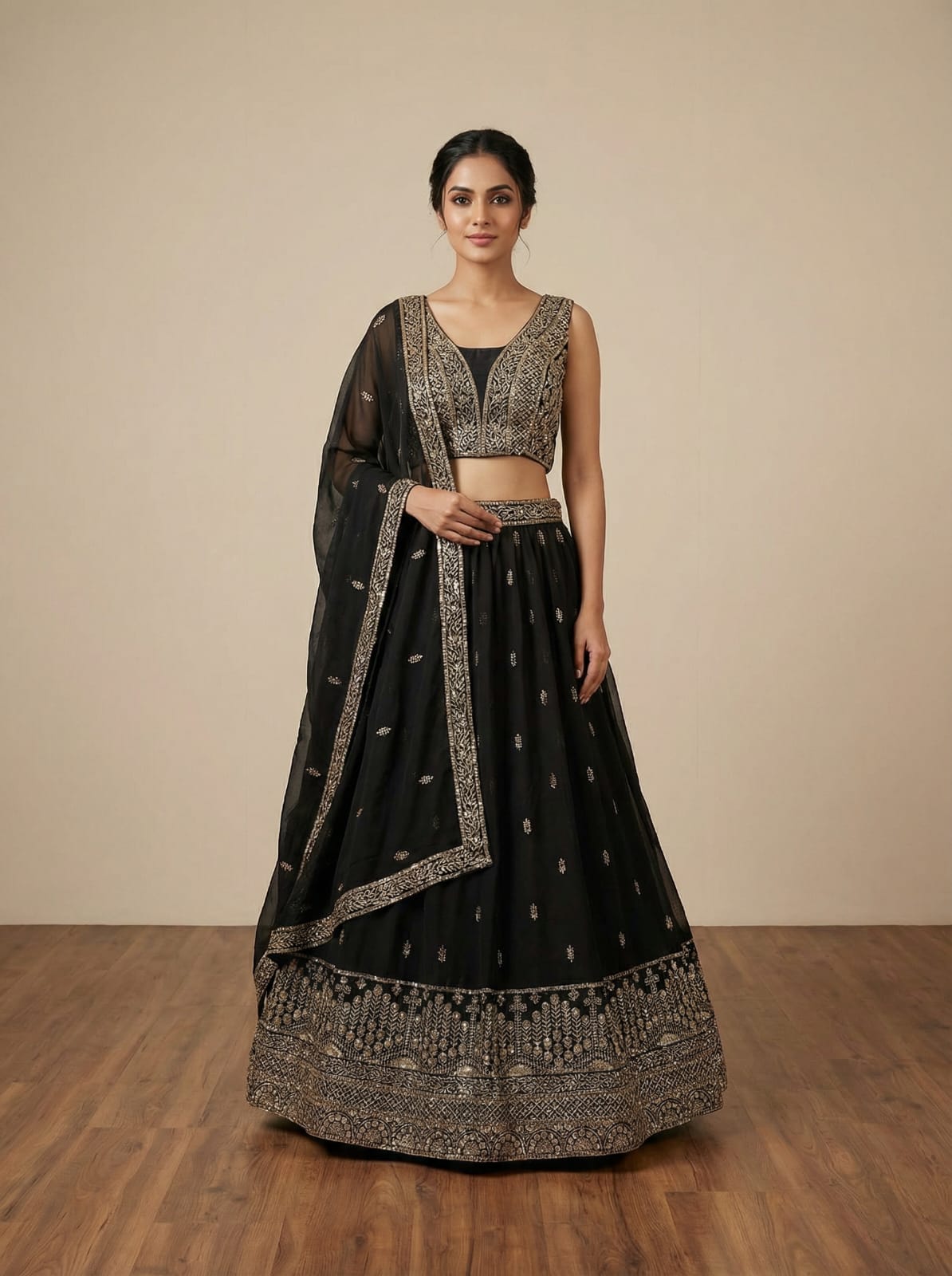 Black Georgette Embroidered Lehenga Set ClothsVilla