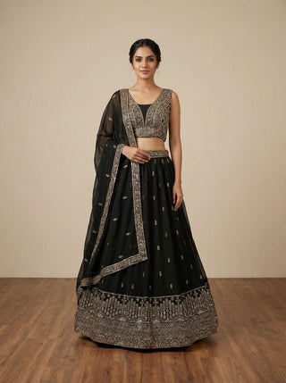 Black Georgette Embroidered Lehenga Set ClothsVilla