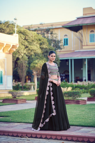 Black Georgette Embroidered Lehenga ClothsVilla