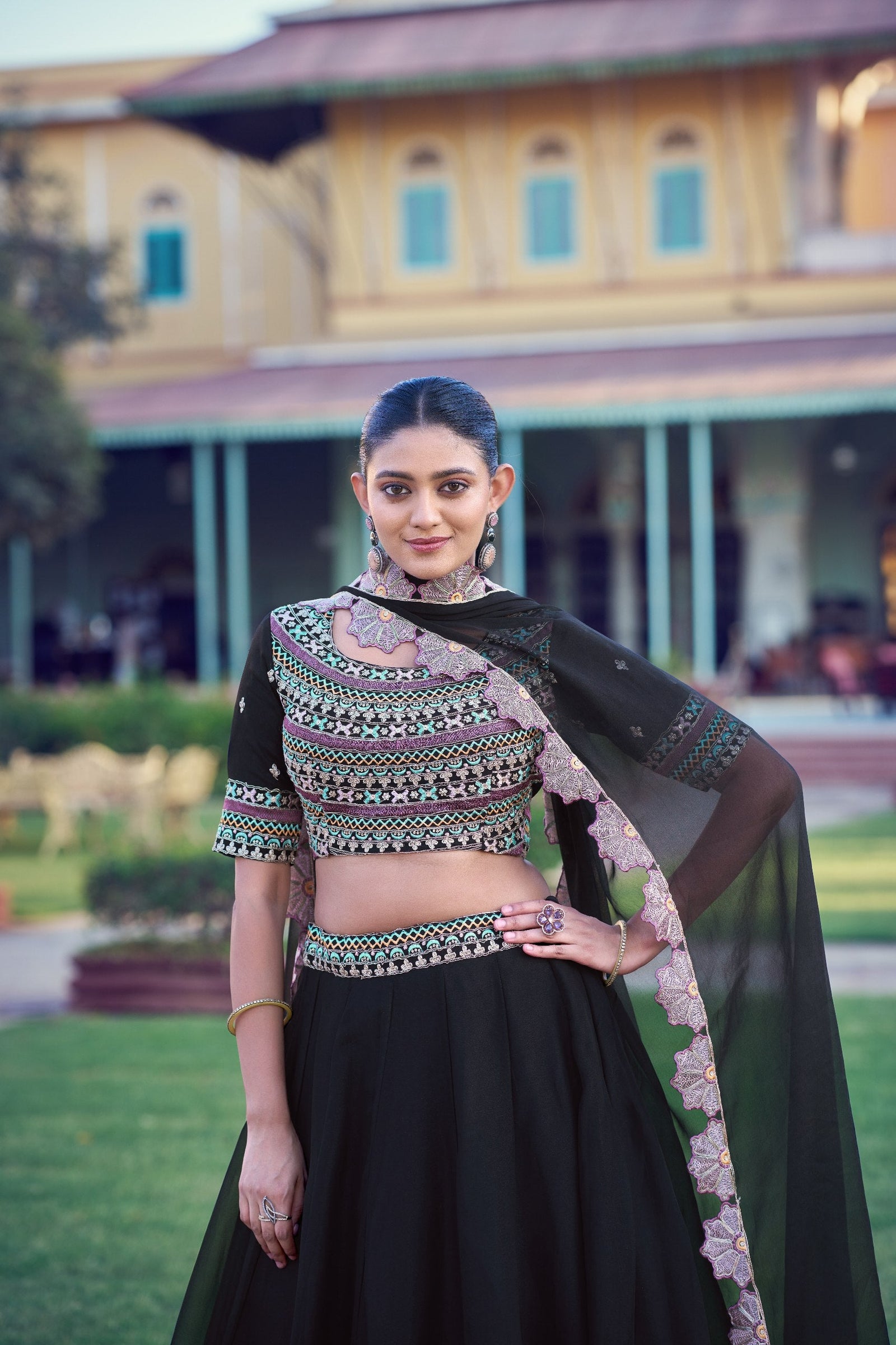 Black Georgette Embroidered Lehenga ClothsVilla