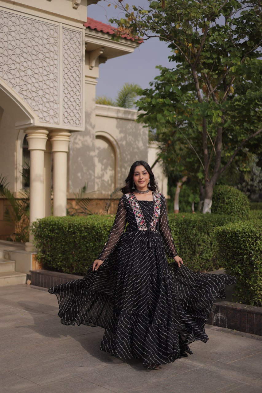 Black Georgette Gown With Patchwork ClothsVilla