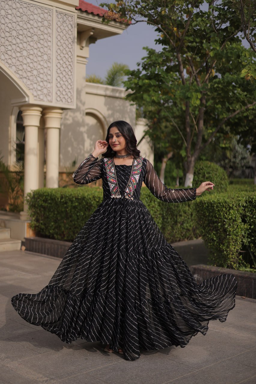 Black Georgette Gown With Patchwork ClothsVilla