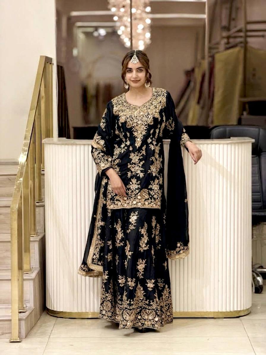 Black Georgette Heavy Work Palazzo Suit ClothsVilla
