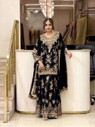 Black Georgette Heavy Work Palazzo Suit ClothsVilla